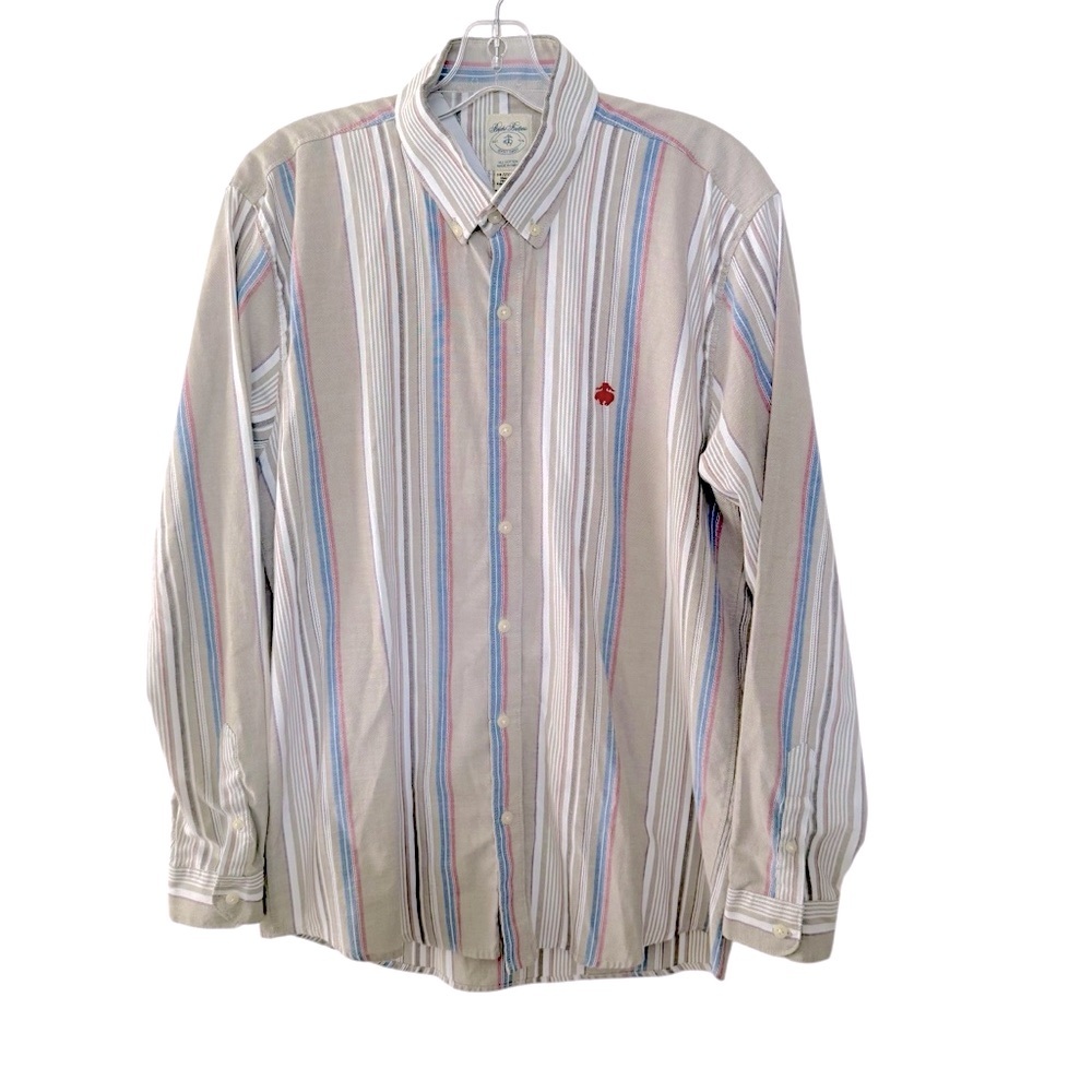 Brooks Brothers Sports Shirt Men’s XXL 2XL Button Up Beige Tan Blue Striped
